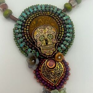 Sugar skull and beaded flower necklace handmade suede back Halloween